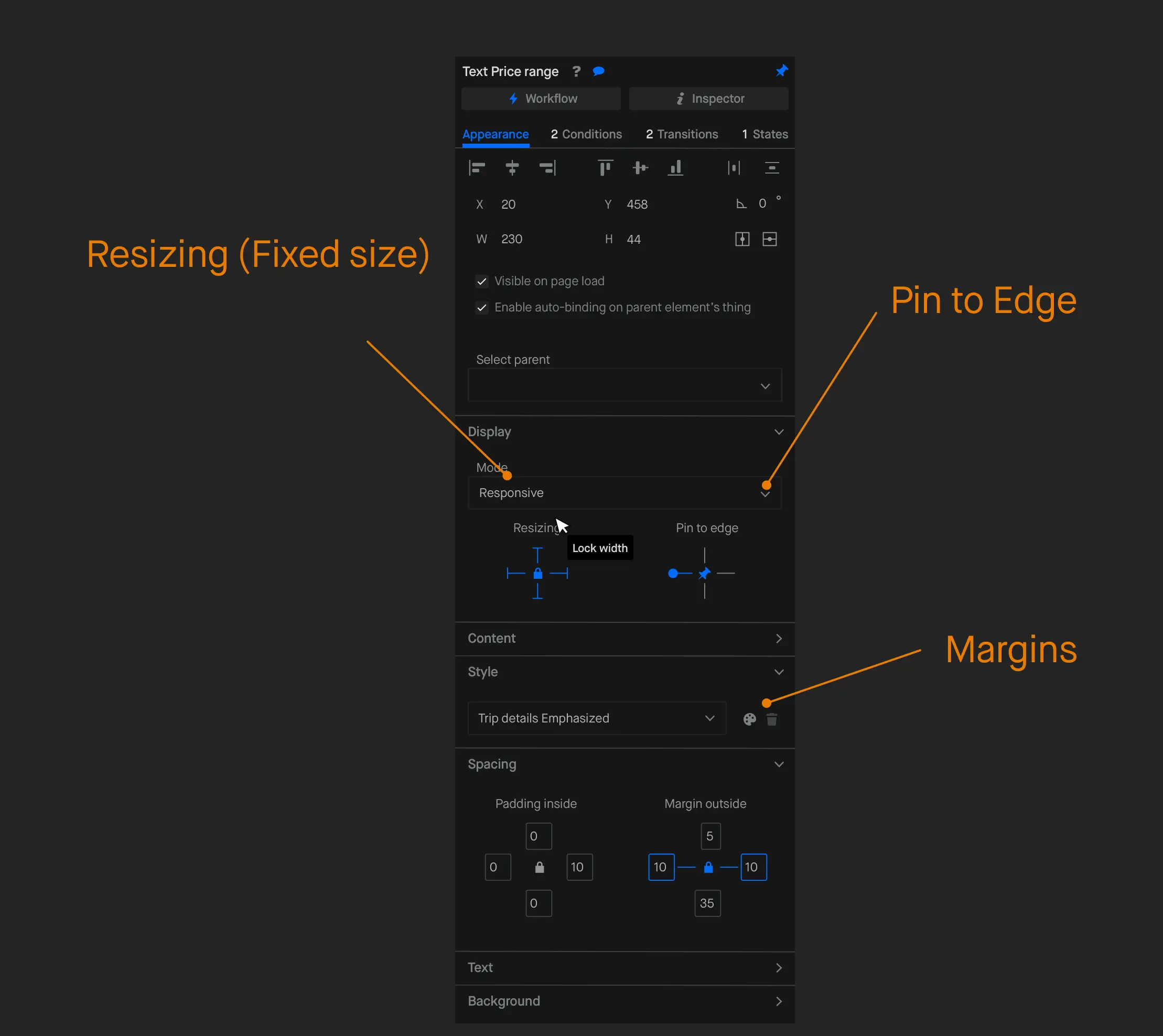 Guide to Bubble's flexbox-based responsive tools: Resizing, Pin to Edge, and Margins
