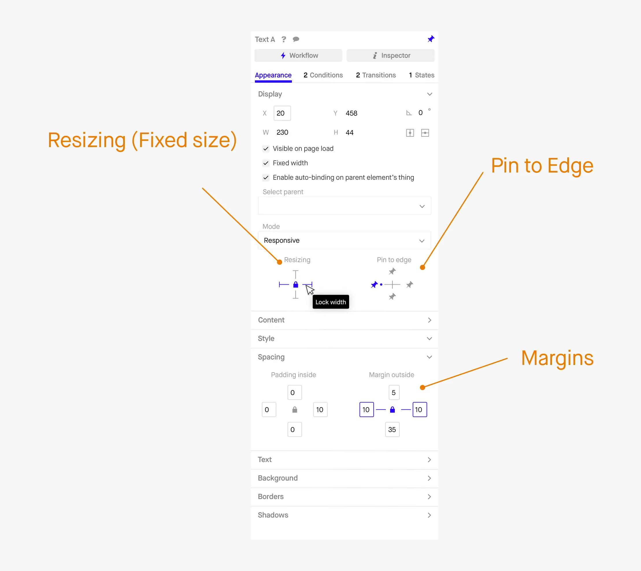 Guide to Bubble's flexbox-based responsive tools: Resizing, Pin to Edge, and Margins