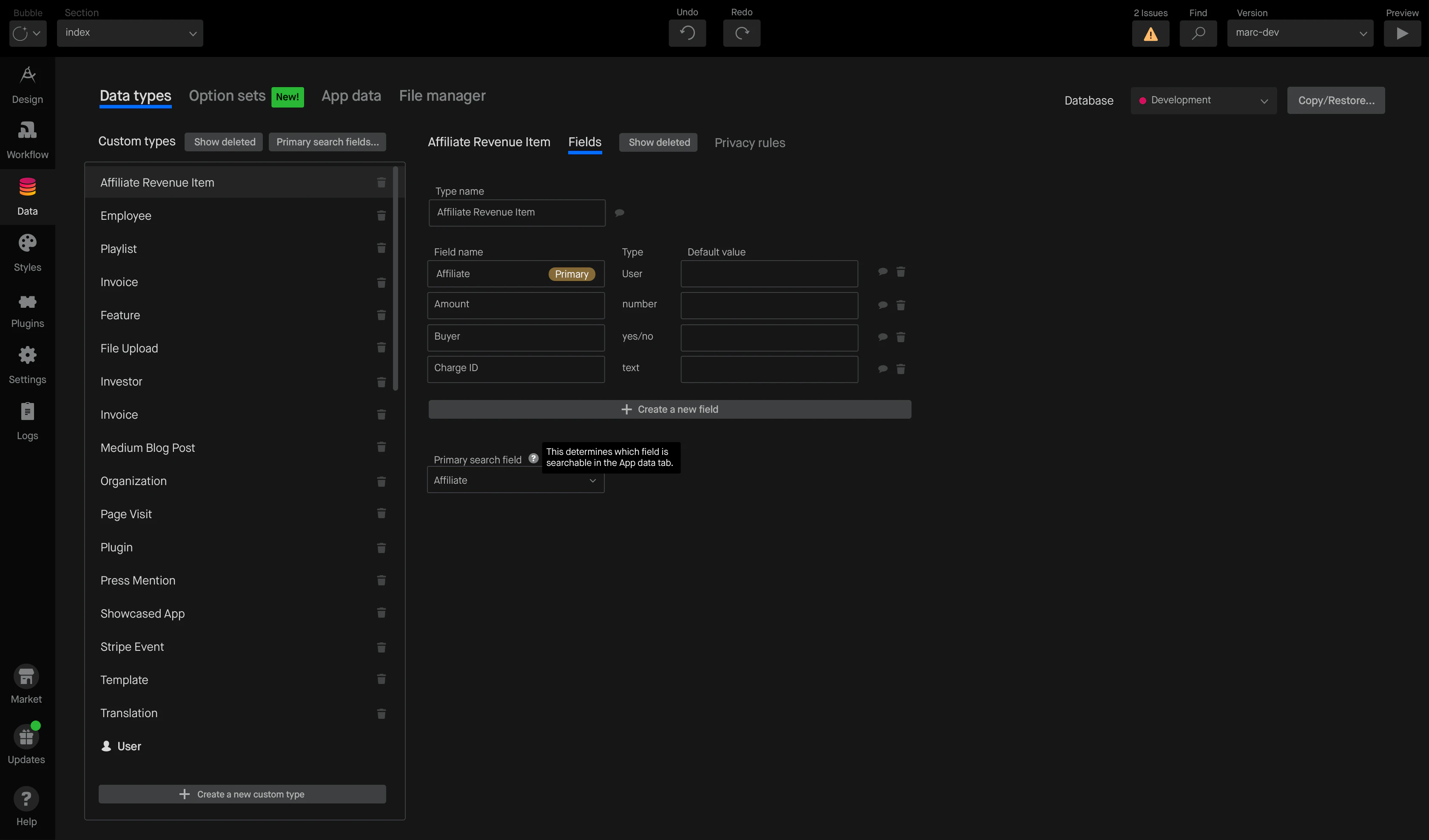 The Data tab: a visual database editor for custom data types and their fields