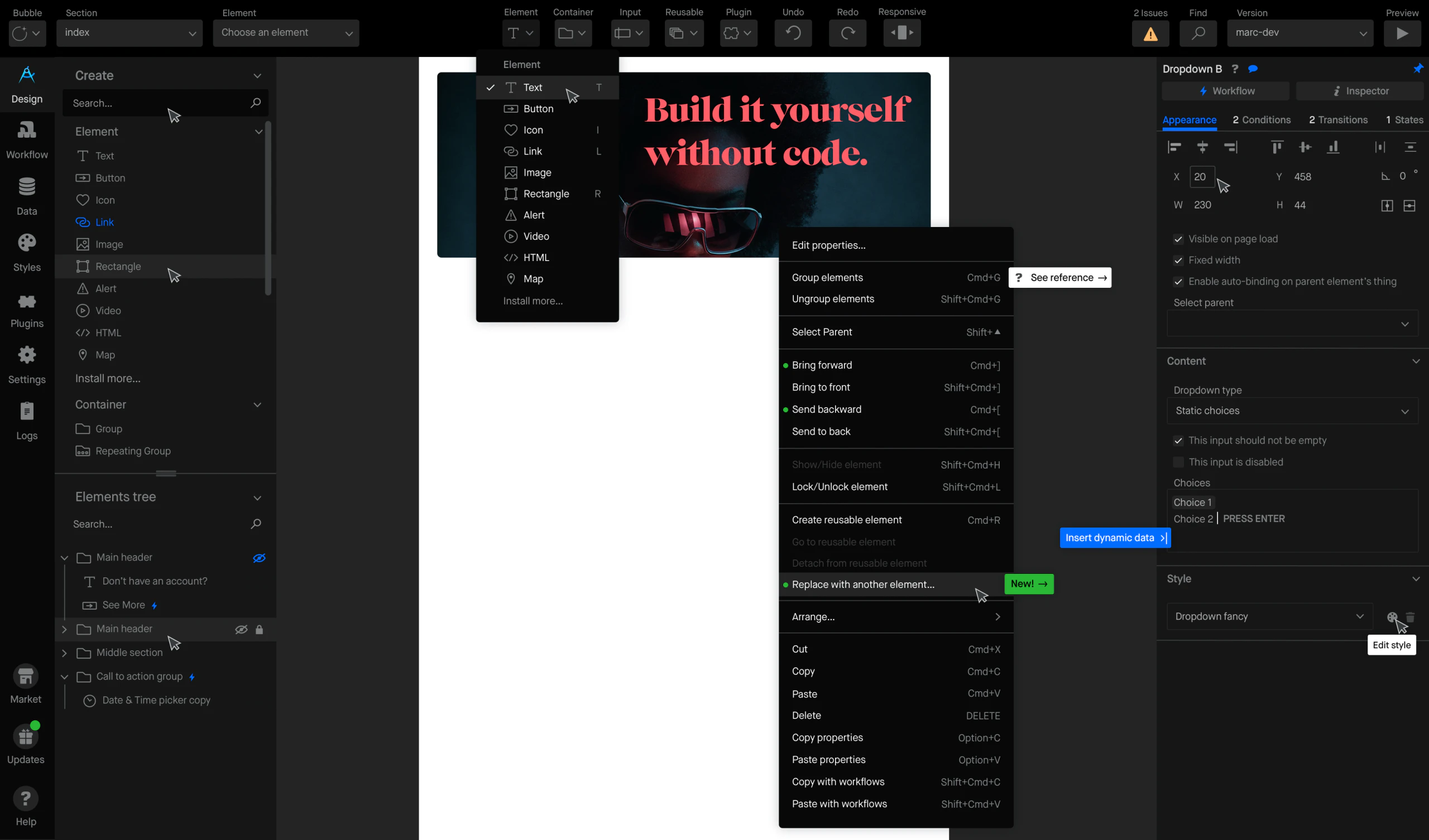 The Design tab of the new Bubble editor: a drag-and-drop canvas with an element tree and property tools