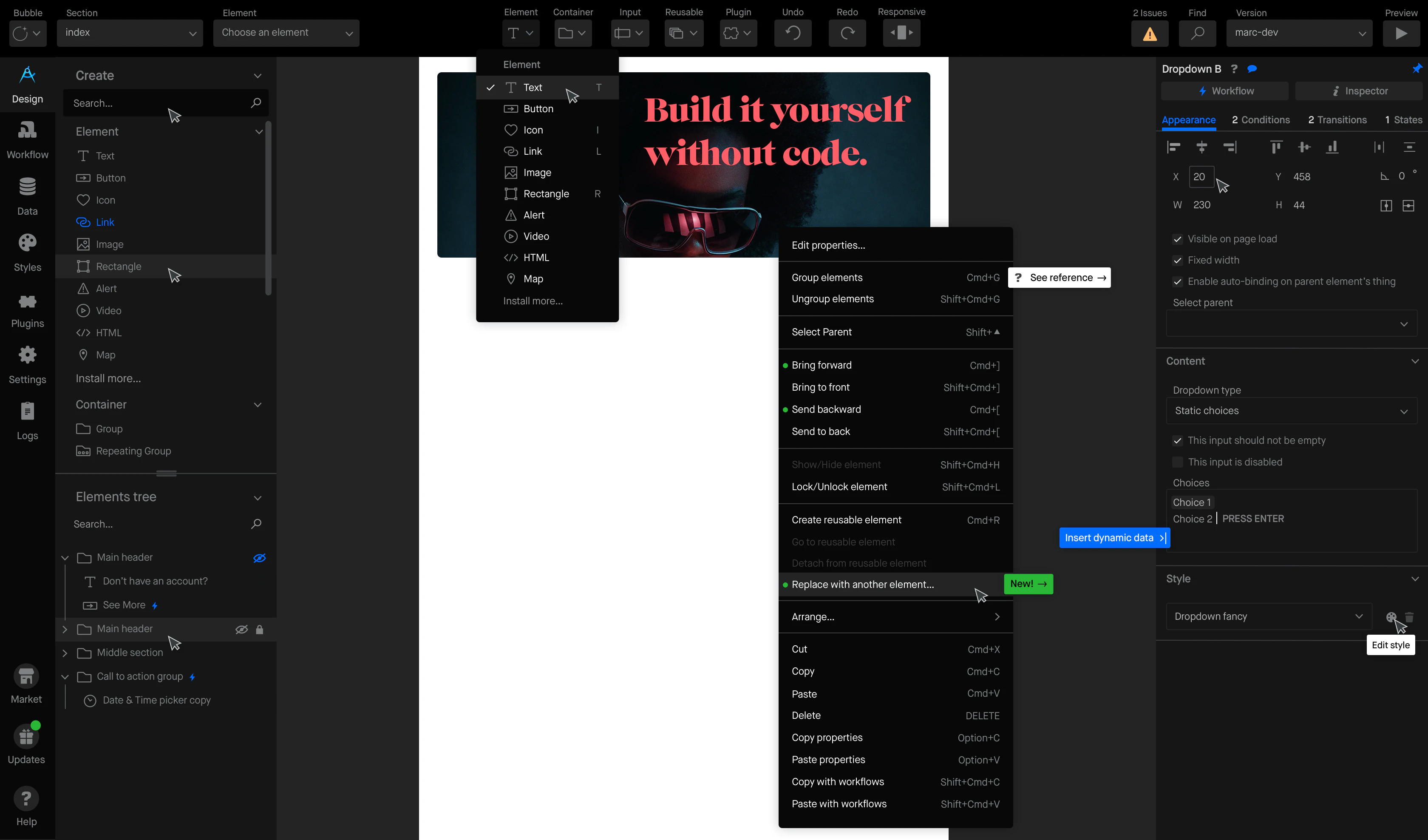 The Design tab of the new Bubble editor: a drag-and-drop canvas with an element tree and property tools