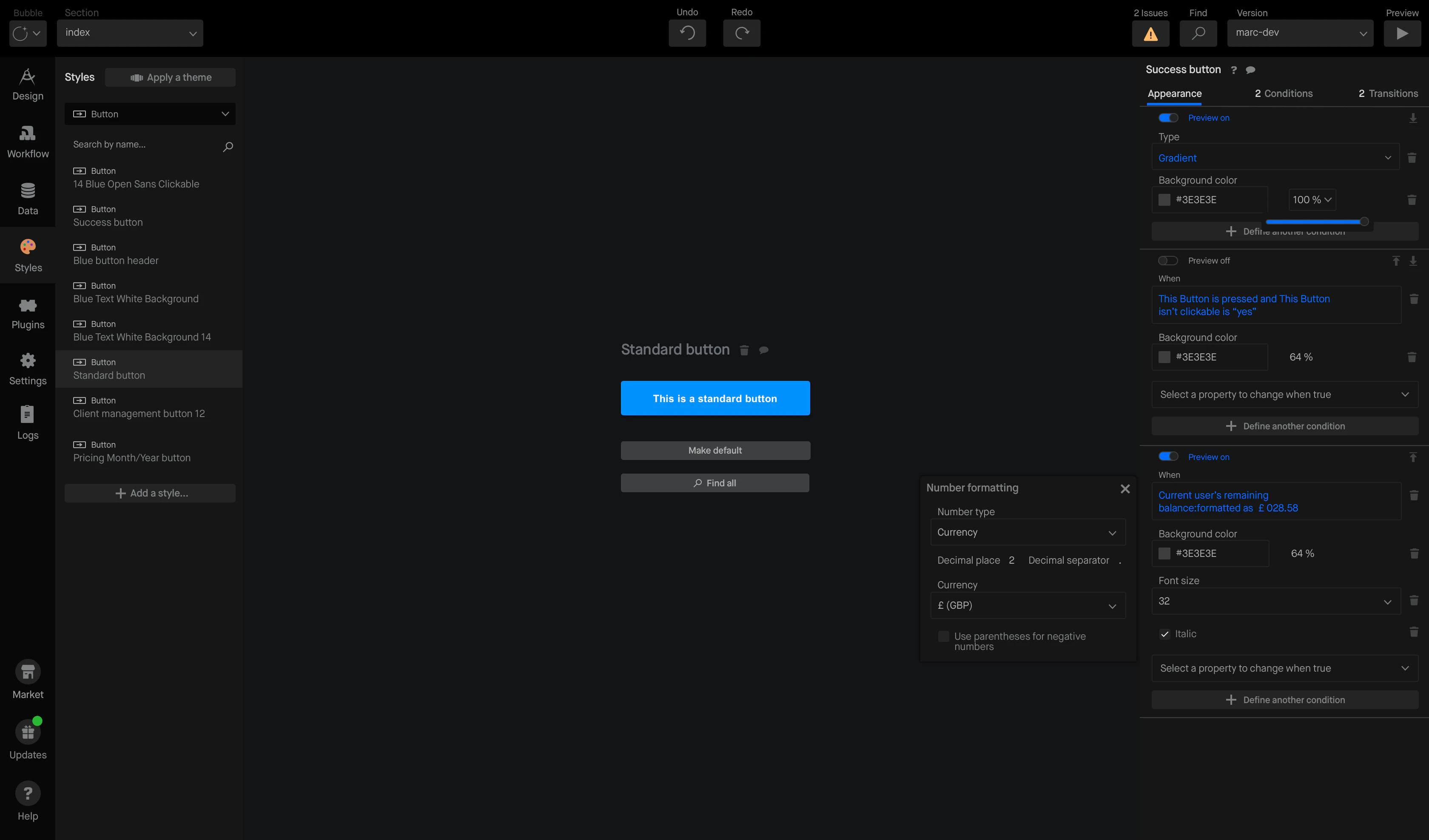 The Styles tab: reusable design styles applied across elements