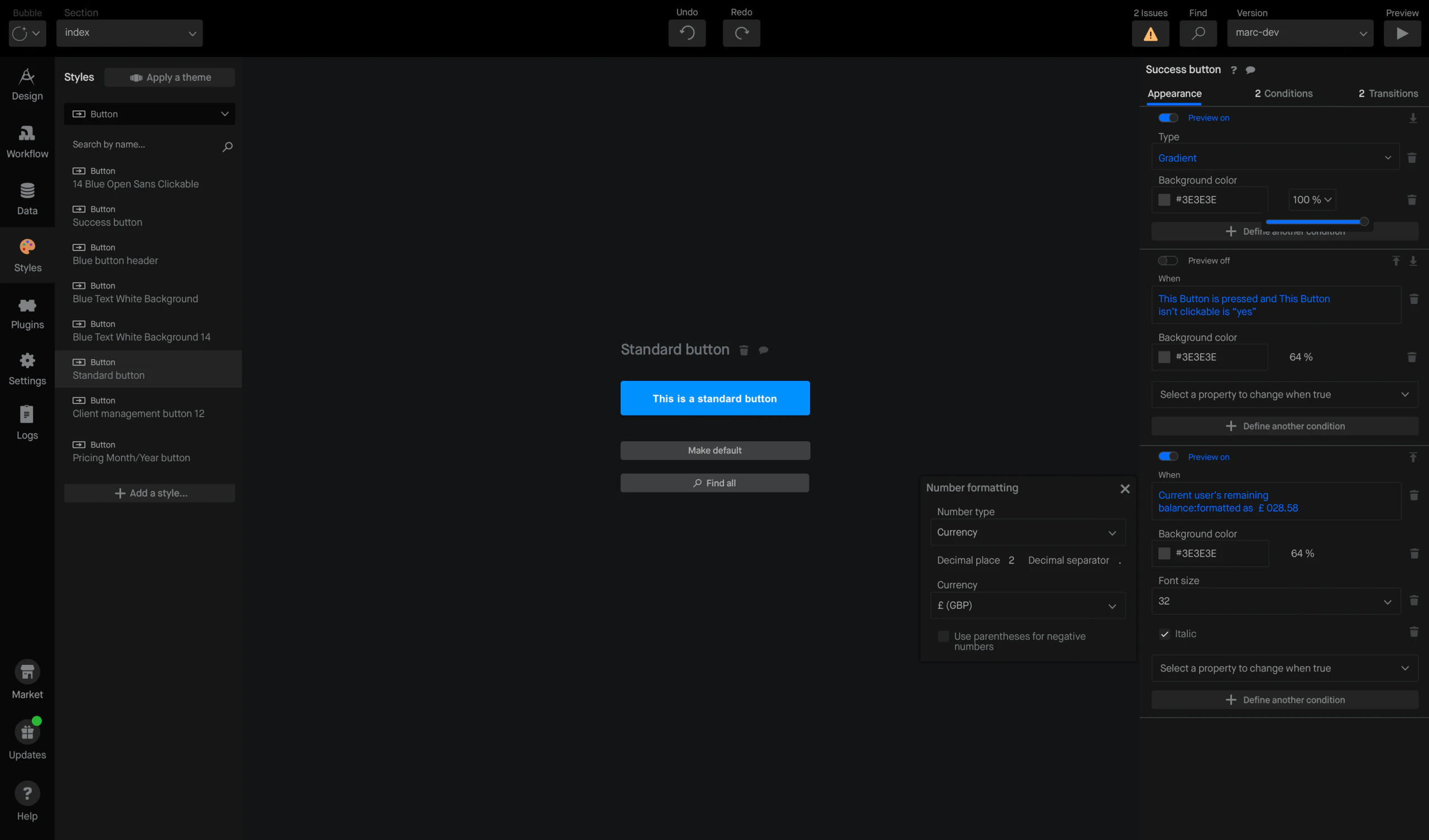 The Styles tab: reusable design styles applied across elements