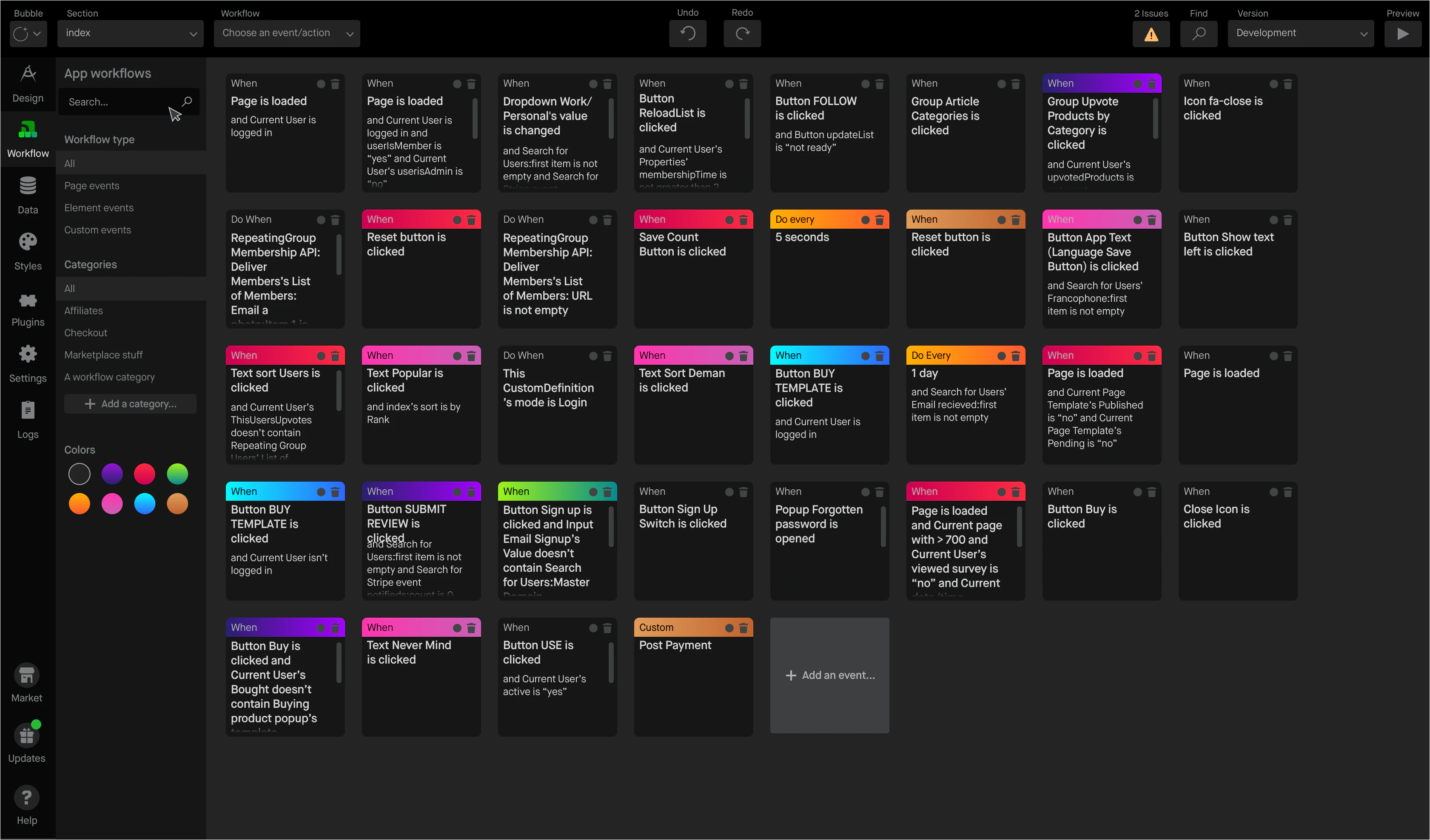 The Workflows tab: event-triggered action sequences composed without code