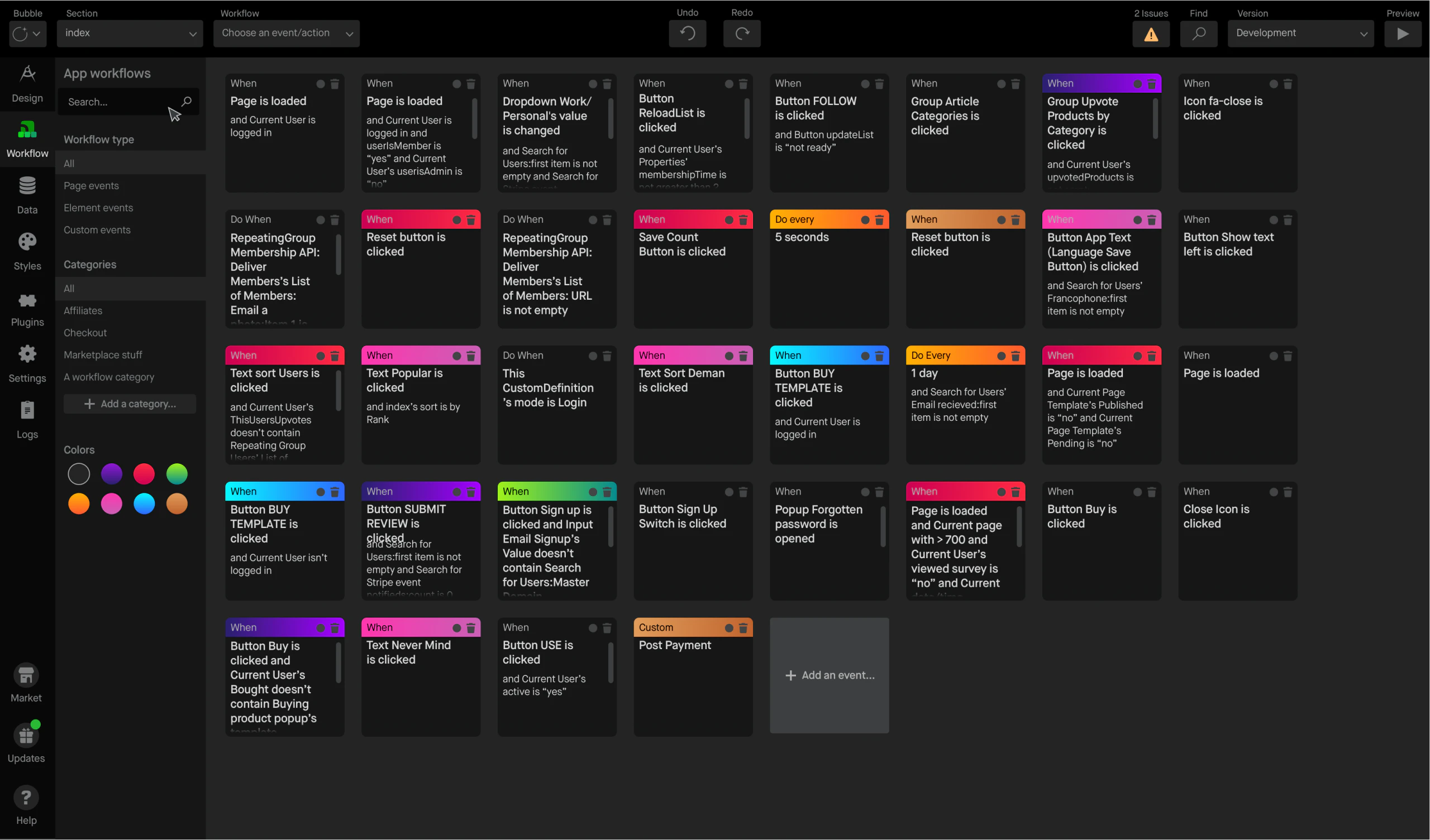 The Workflows tab: event-triggered action sequences composed without code