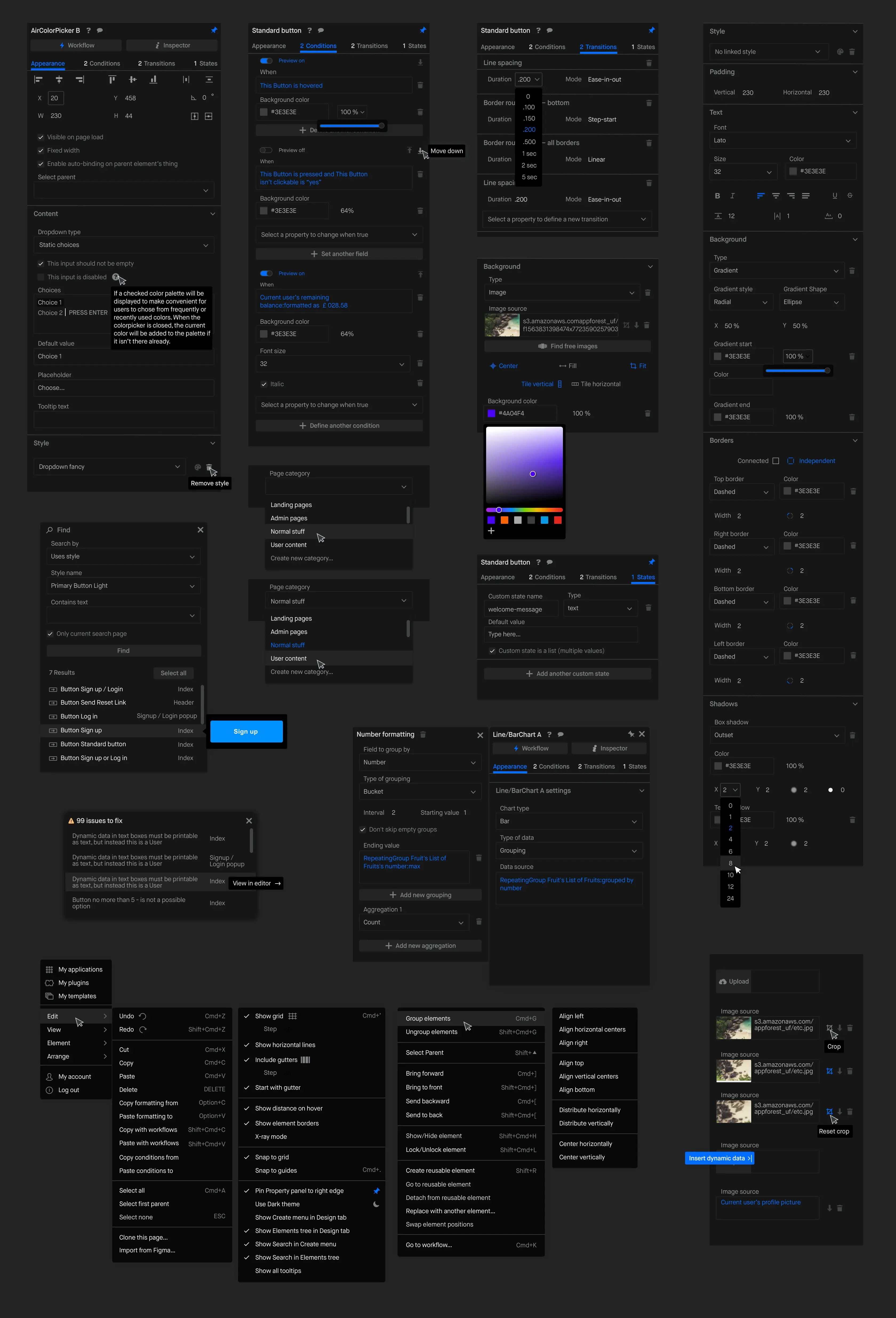 Every property editor menu in the Maison design system, laid out edge to edge