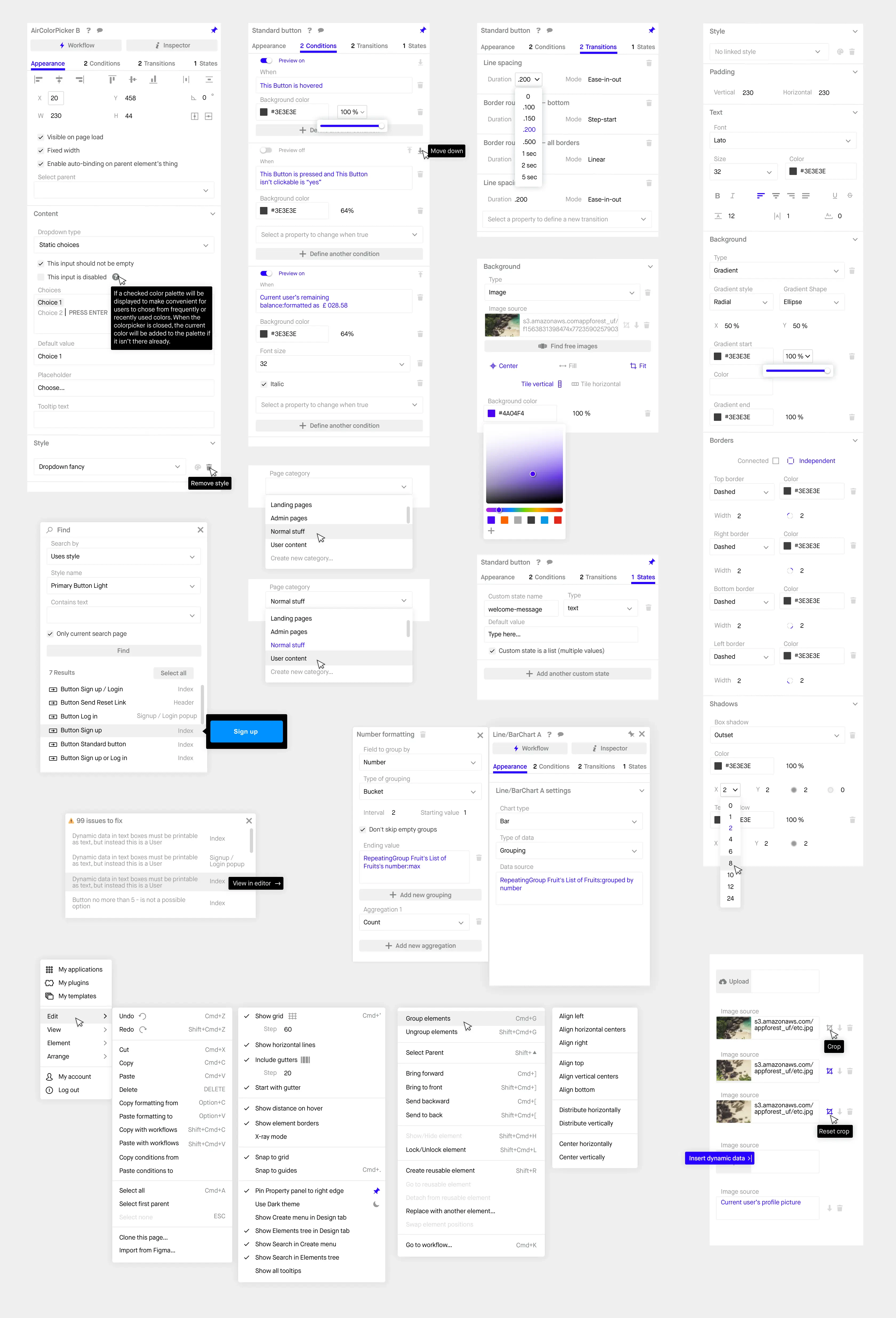 Every property editor menu in the Maison design system, laid out edge to edge
