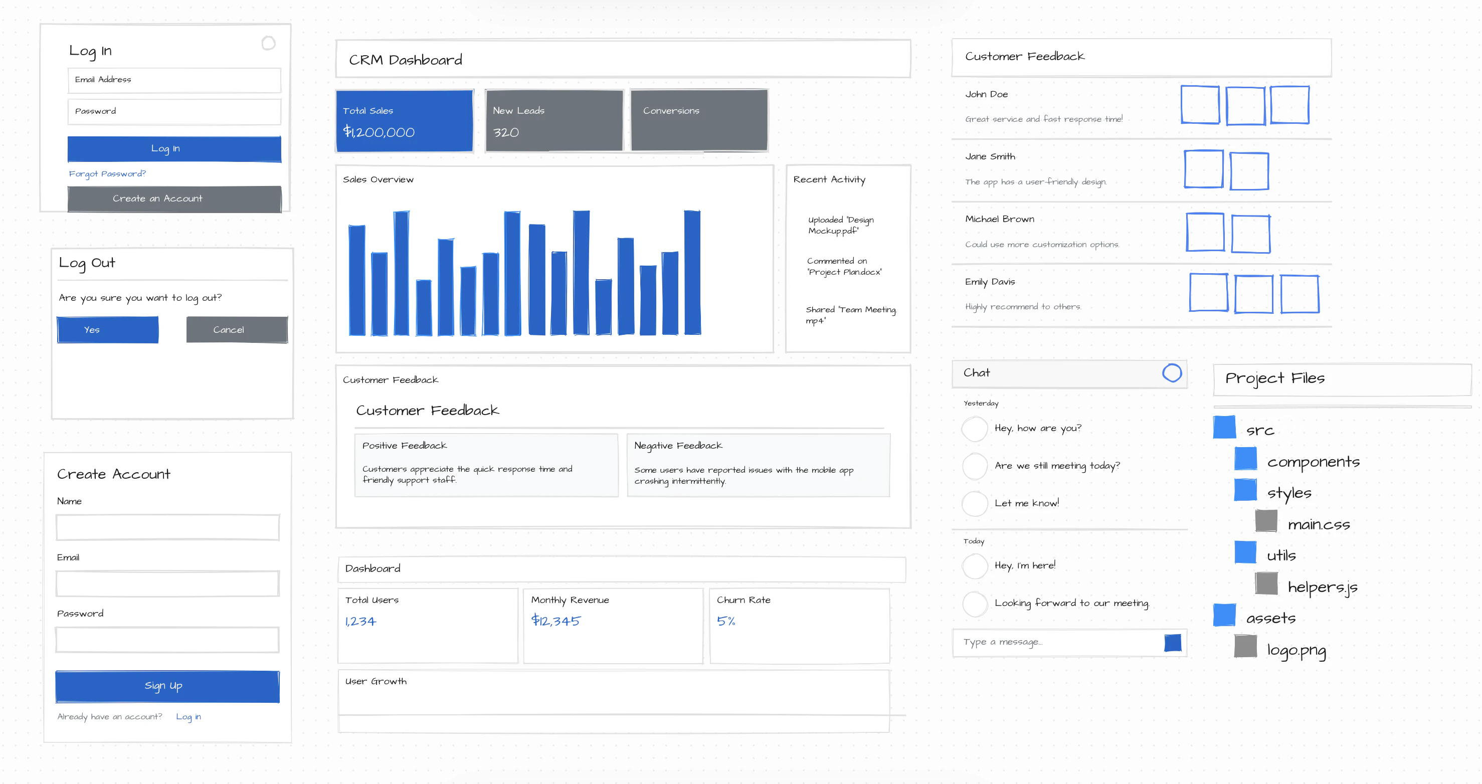 A canvas of draw.cafe generations: dashboards, charts, and interface wireframes
