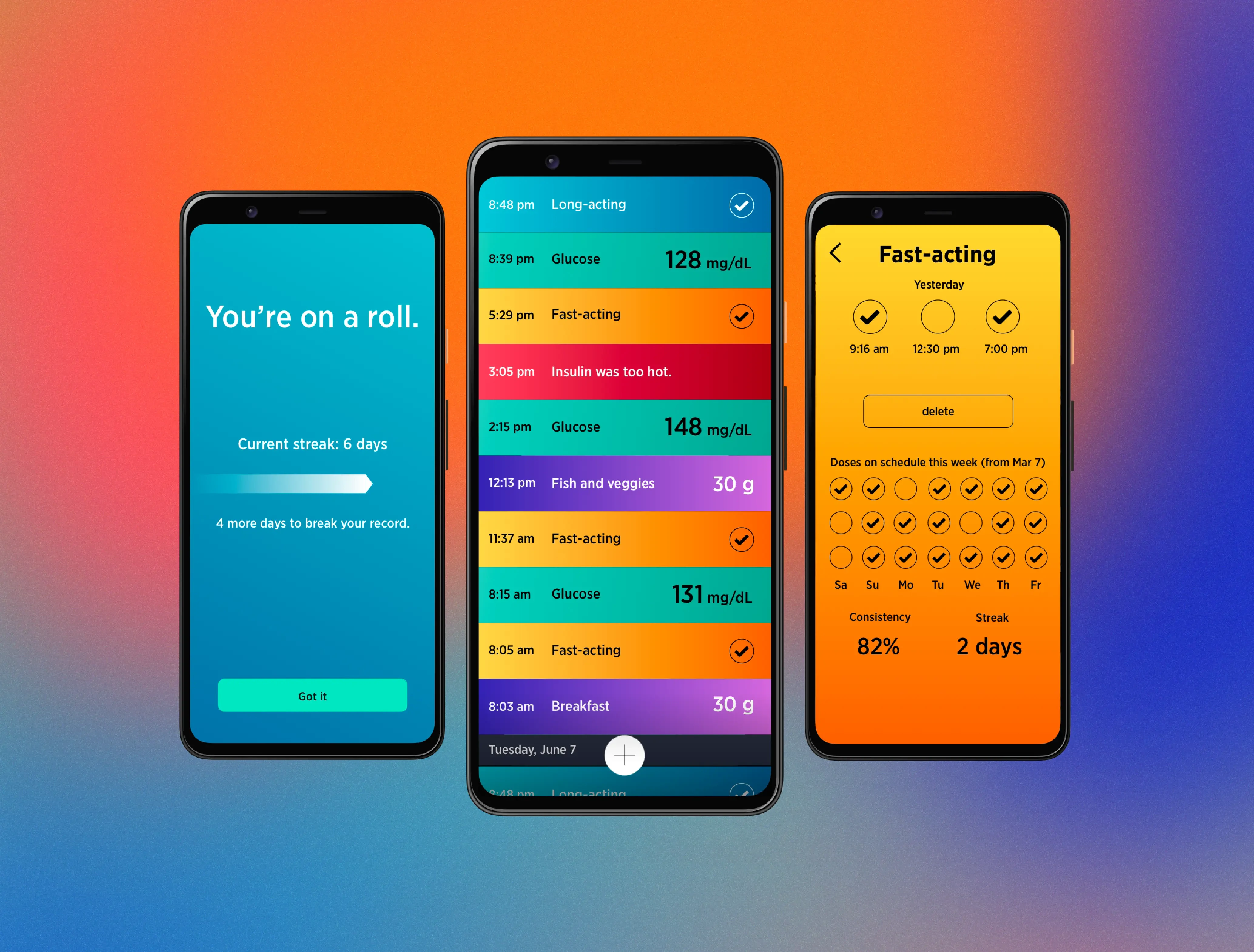 A spread of Gocap app screens: dose logging, glucose entry, reminders, and history