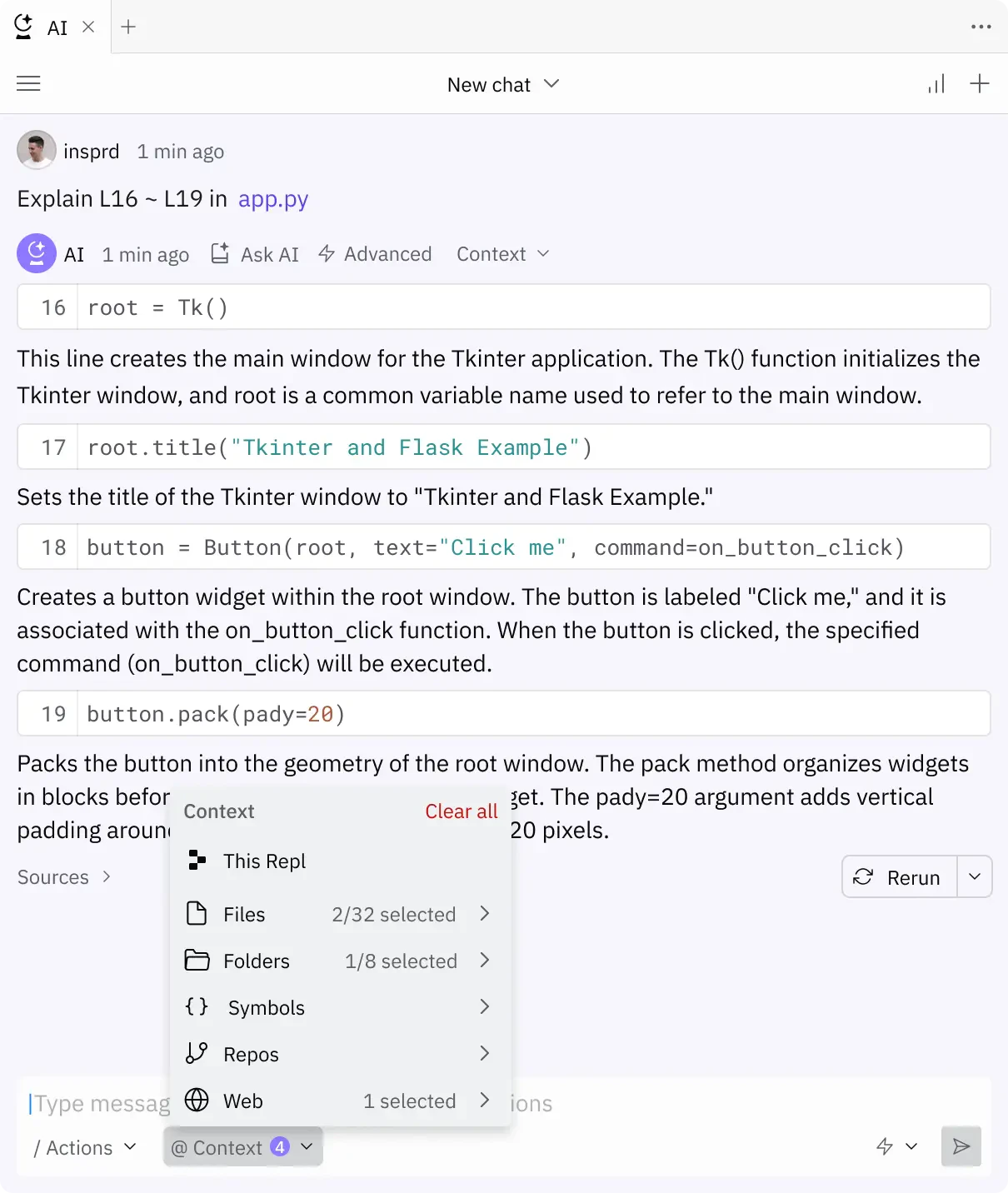 Replit AI design system components: codeblocks, error diagnosis, and context controls