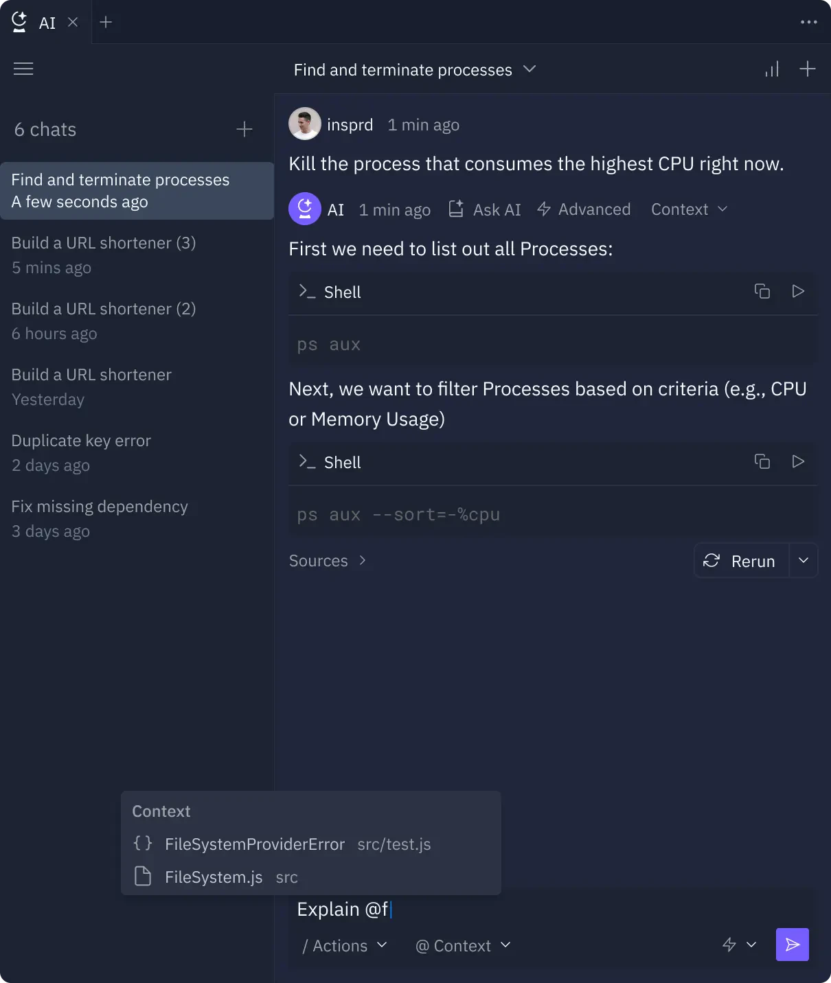 Replit AI chat threads with connected code snippets and workspace actions