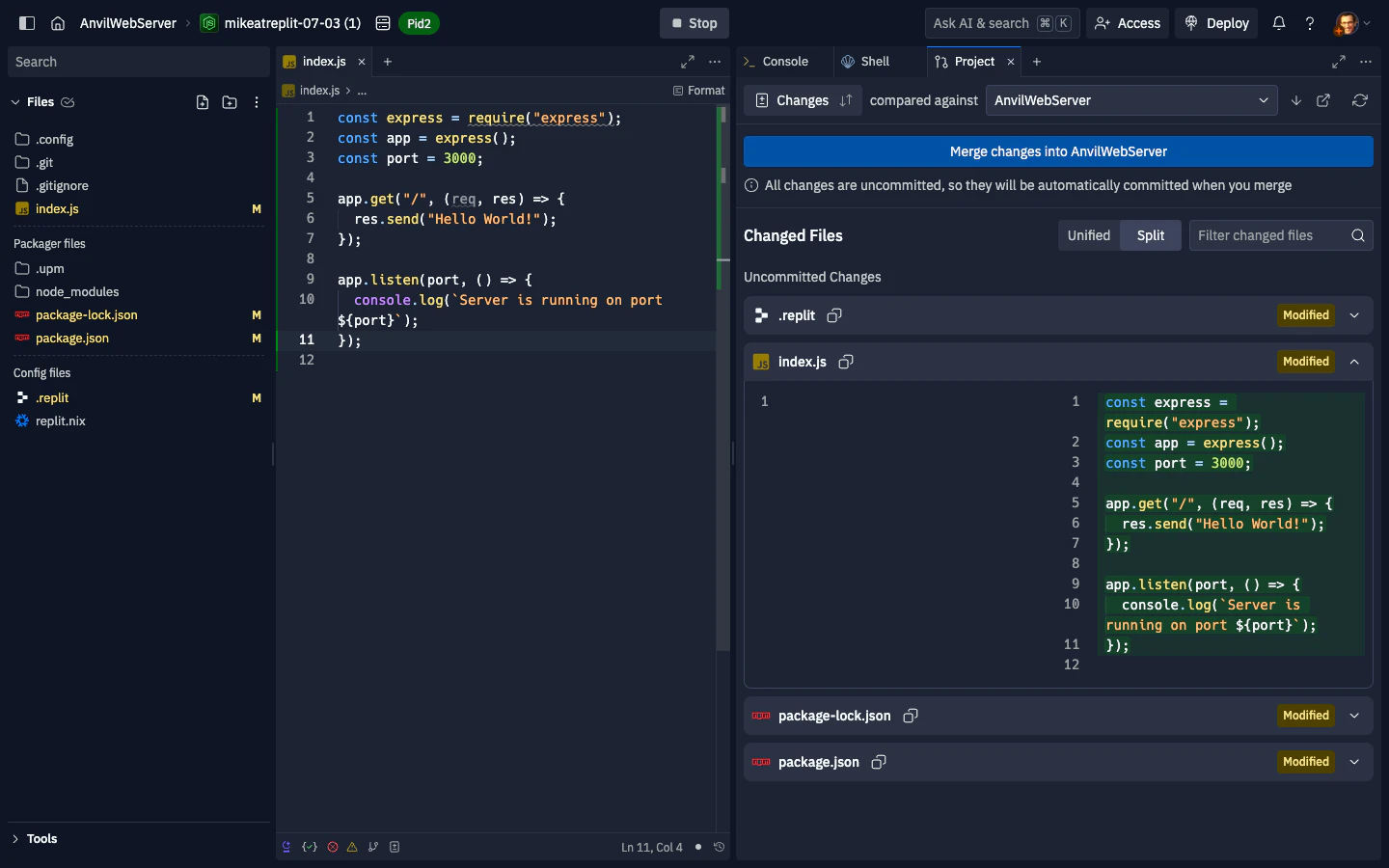 The Project tool showing a fork’s changed files diffed against the main Repl