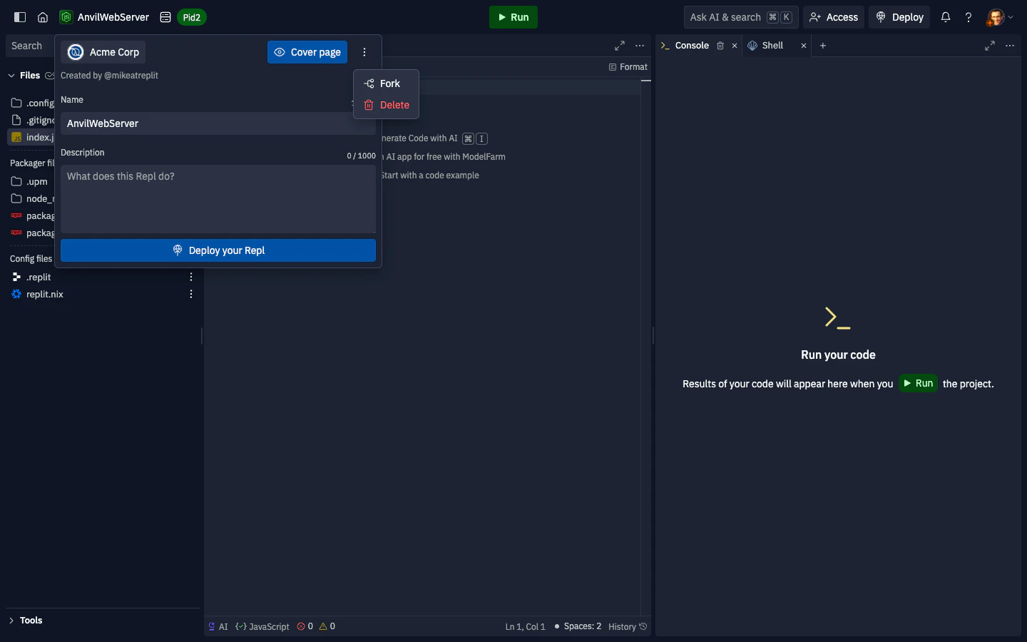 Forking a Repl from the organization to begin a Project